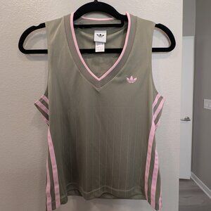 Adidas Originals Sleeveless V-Neck Tank Top – Olive Green & Pink Trim